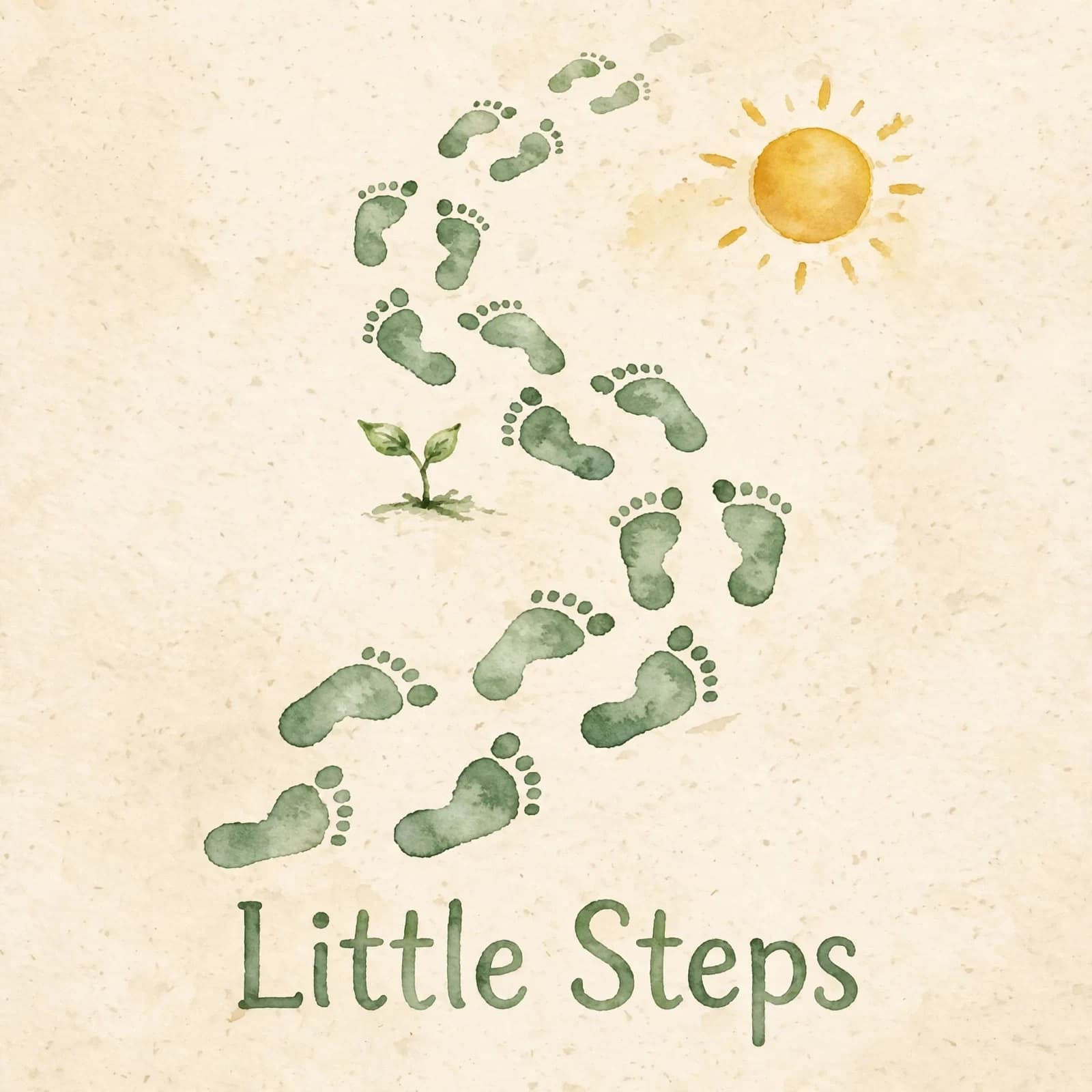 Hand-painted Little Steps logo: a trail of little footprints leading to a young sprout under a warm sun